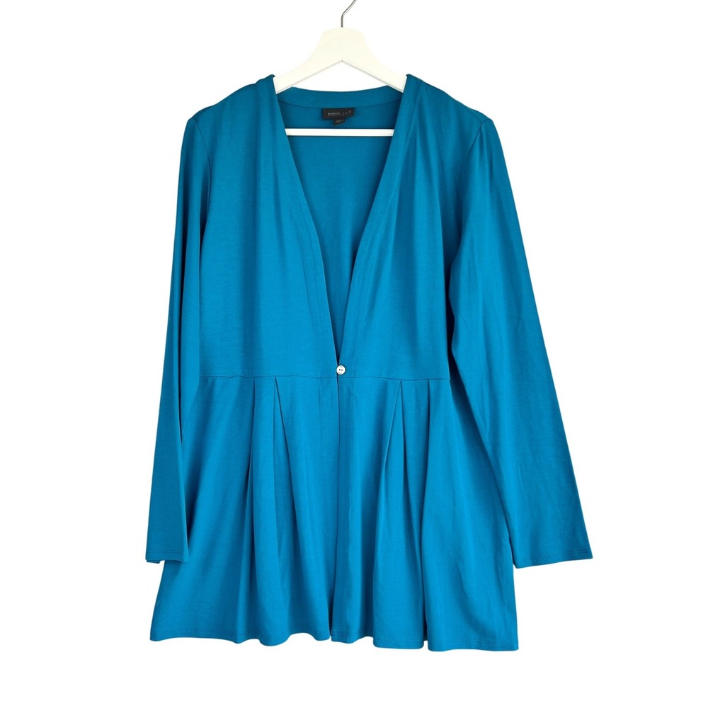 J. Jill Wearever Teal Blue Pleated Button Front Cardigan Jacket Pockets Medium